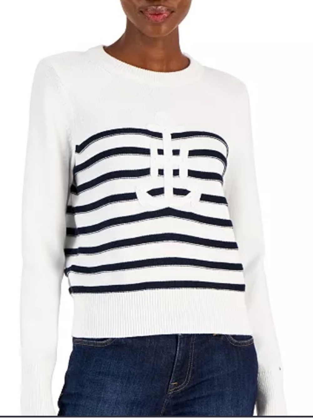 Tommy Hilfiger White and Navy Striped Cotton Crewneck Sweater with Anchor size S